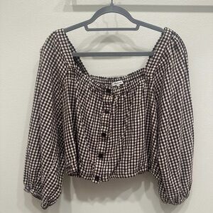 Madewell Brown and White Puff Sleeve Crop Blouse